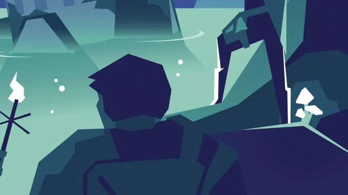 a lineless vector illustration of figures exploring an abandoned environment. the image is cropped, but it shows a cluster of glowing mushrooms, and a body of water containing a submerged building