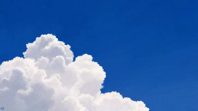 Digital painting: a tall, voluminous white cloud stands in a bright, saturated blue sky.