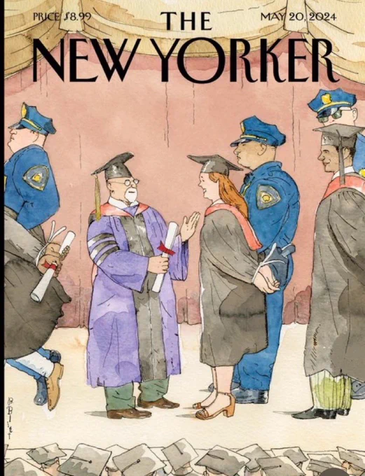 A cartoon cover of the New Yorker. A college president, in purple regalia. Hands a diploma to a student. But she csnt take it bc she’s handcuffed and escorted by poki e