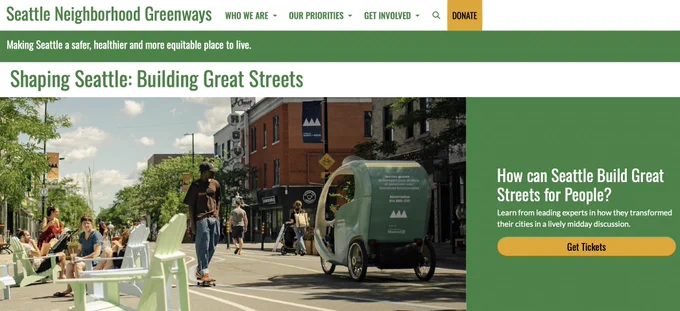 A street with people sitting in chairs, walking, and rolling. The words Shaping Seattle: Building Great Streets and How can Seattle Build Great Streets for People? are prominent.