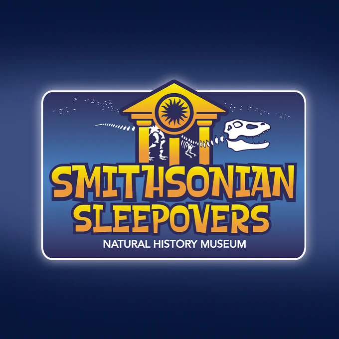 An cartoon drawing of a dinosaur skeleton appearing to emerge from a museum with text overlaid Smithsonian Sleepovers Natural History Museum