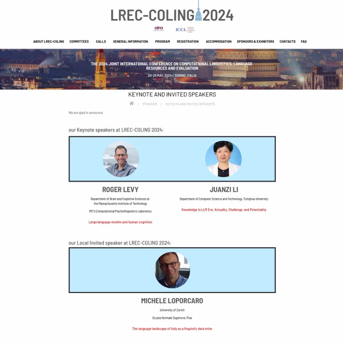 Screenshot from https://lrec-coling-2024.org/keynote-and-invited-speakers/ about the invited speakers.