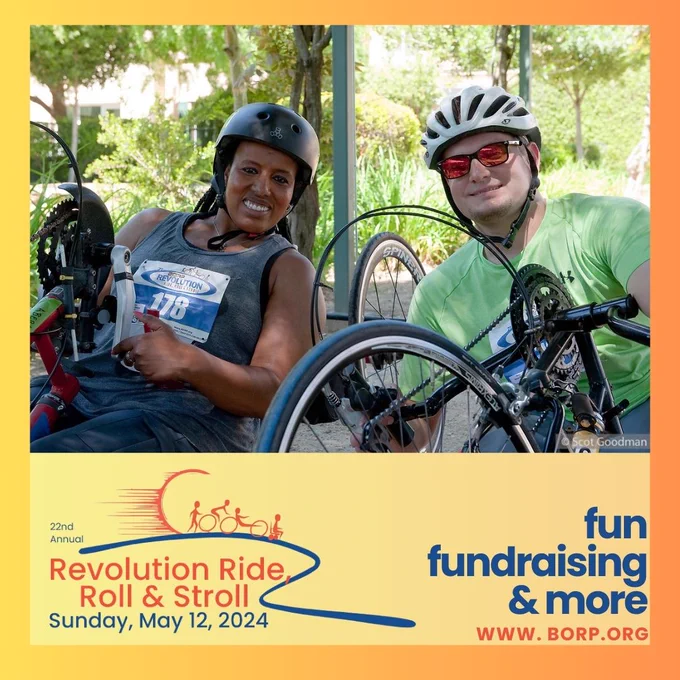 Promo image has a yellow-orange background with a photo in the center of two cyclists seated on handcycles, looking towards the camera. Text below the photo reads: fun fundraising and more. At the bottom left is the orange and blue event logo with the words 22nd annual Revolution ride, roll and stroll, Sunday, May 12, 2024.