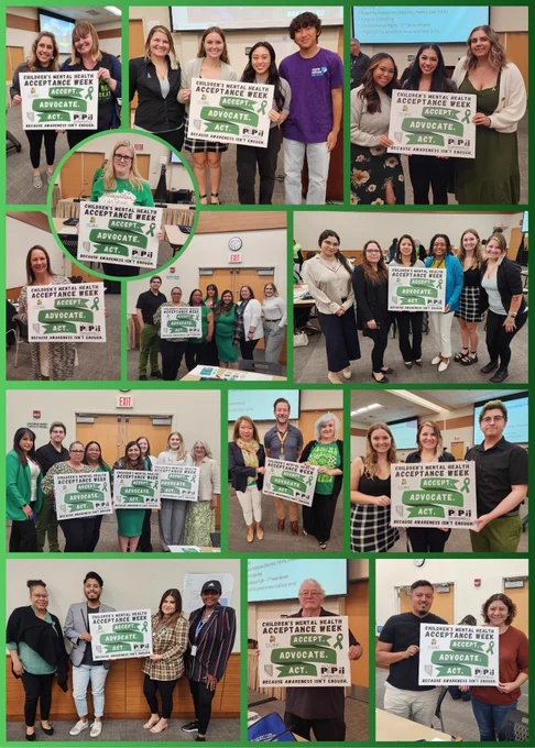 On a background is a collage of 13 photos of attendees of the 7th Annual Southern Nevada Summit on Children's Mental Health. In each photograph people are holding a sign that says "Accept. Advocate. Act." with a Nevada PEP logo in the bottom right corner. 