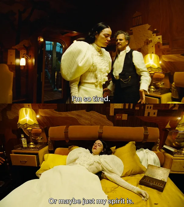 Two stills from Poor Things, featuring Emma Stone as Bella Baxter saying "I'm so tired" (first still, walking past Mark Ruffalo who looks peeved), and "Or maybe just my spirit is" (second still, lying on a bed eyes closed). She's wearing an ornate white dress with big puffy shoulder sleeves