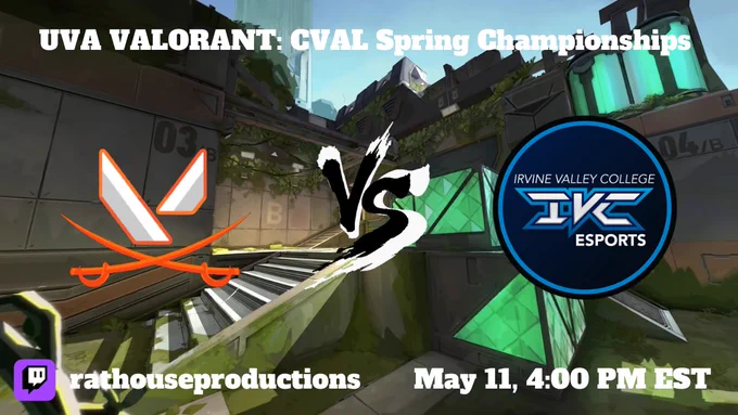 UVA vs IVC announcement graphic, background Fracture. twitch.tv/rathouseproductions, May 11th 4pm EDT