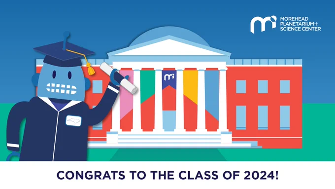 Kelvin, the Morehead Planetarium and Science Center spokesbot, wears a grad cap and gown while holding a diploma. In the background is a vector illustration of the Morehead building. The text reads, “Congrats to the class of 2024!”