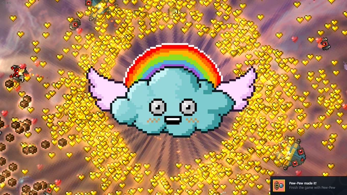 Screenshot of my pixel art survivors-like in space. The game just finished and a cute cloud with eyes and smiling mouth and little angle wings and a little rainbow appeared. In the background, many yellow hearts are visible, and they surround the cloud in circular fashion. 