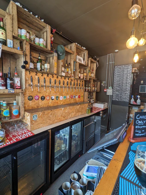 Guns bar, Saltburn back bar with 14 taps and line up blackboard 