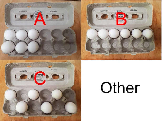 A: 6 eggs on the left.
B: 6 eggs on top.
C. 6 eggs alternating top and bottom
Other