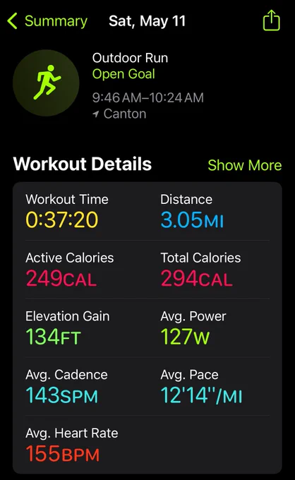 Apple Watch fitness screen showing a 5K run