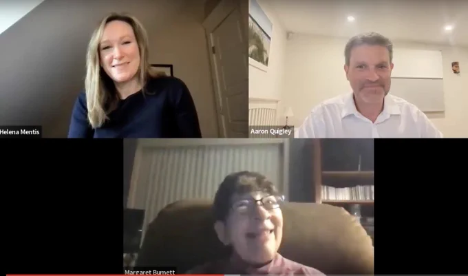 photo of Helena Mentis zoom-interviewing Aaron Quigley and Margaret Burnett