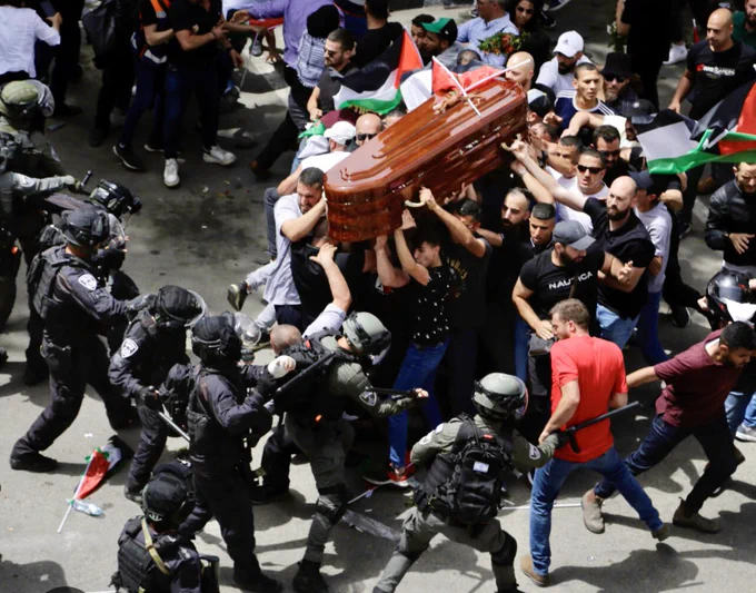 Israeli forces confront mourners at the funeral of journalist Shireen Abu Akleh
