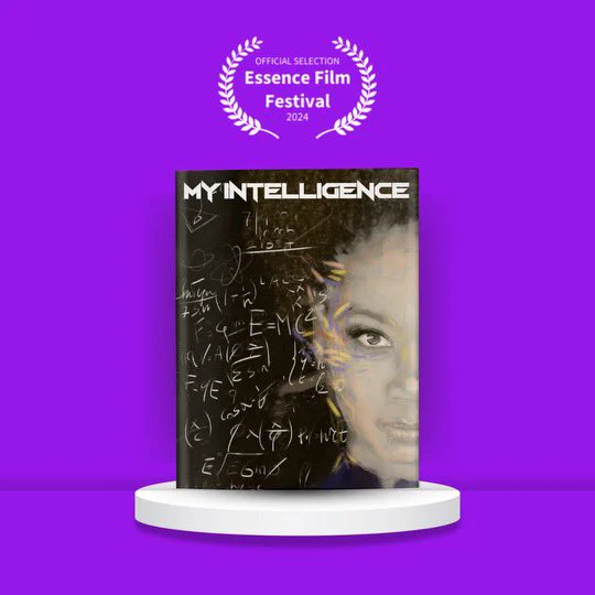 A graphic that states “official selection essence film festival 2024” between two laurels at the top. Below the laurels is a poster, mostly in black-and-white with gold flecks. On the right side of the poster is half of Aliza Pearl‘s face drawn in smudged pencil. Filling the left and center of the poster is a black background with white chalk-like drawings of lots of equations in a jumble. The background of the entire graphic is purple, and the poster sits on top of a grayish silver circular platform.