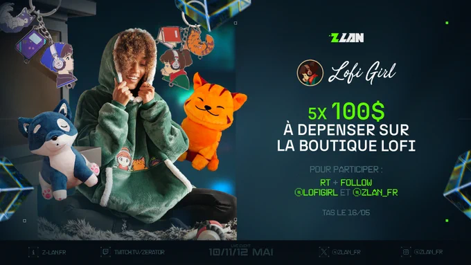 5x 100$ à dépender sur la boutique Lofi. Pour participer : conditions dans le corps du tweet