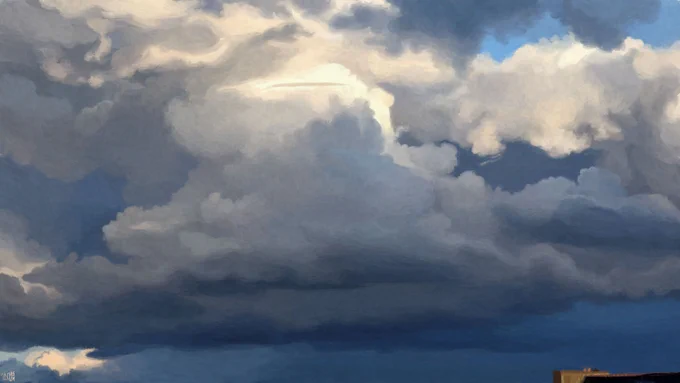 Digital painting of some tall, voluminous clouds in the late afternoon light; stark contrasts, blue shadows and yellow tones in the light. There is a piece of roof in the lower right corner of the frame.