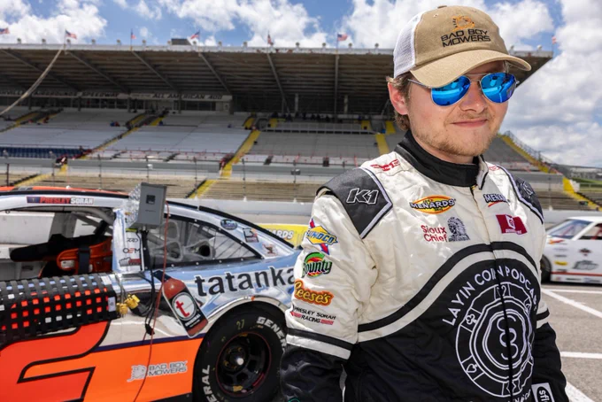 Presley Sorah, driver of the No. 12 Tatanka Sauce/Layin Coin Podcast Toyota, at Nashville Fairgrounds Speedway on May 11, 2024.