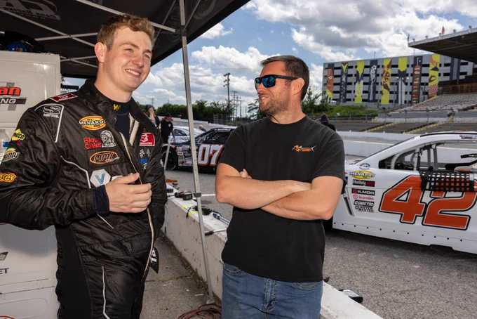 Tanner Reif, driver of the No. 42 Vegas Fastener Manufacturing Chevrolet, at Nashville Fairgrounds Speedway on May 11, 2024.