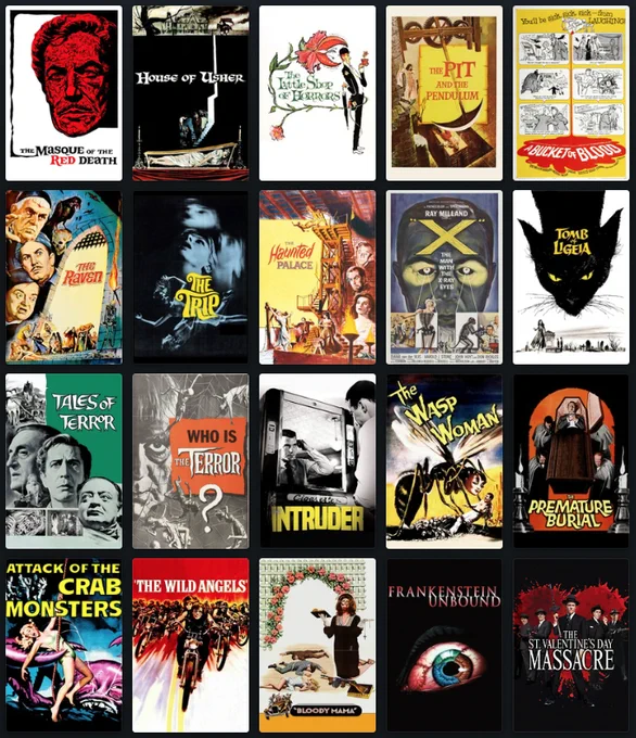 A screenshot of Letterboxd list of films directed by Roger Corman: The Masque of the Red Death, House of Usher, The Little Shop of Horrors, The Pit and the Pendulum, Bucket of Blood, The Raven, X : The Man with X-Ray Eyes, Tomb of Ligeia, Tales of Terror, The Terror, Intruder, The Wasp Woman, Premature Burial, Attack of the Crab Monsters, The Wild Angels, Bloody Mama, Frankenstein Unbound, The St Valentine's Day Massacre