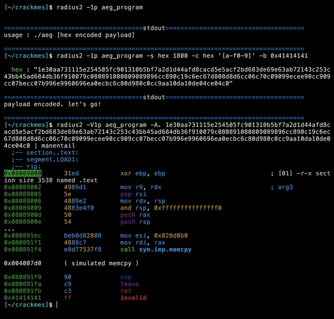 screenshot showing radius2 automatically solving the aeg challenge and jumping to 0x41414141