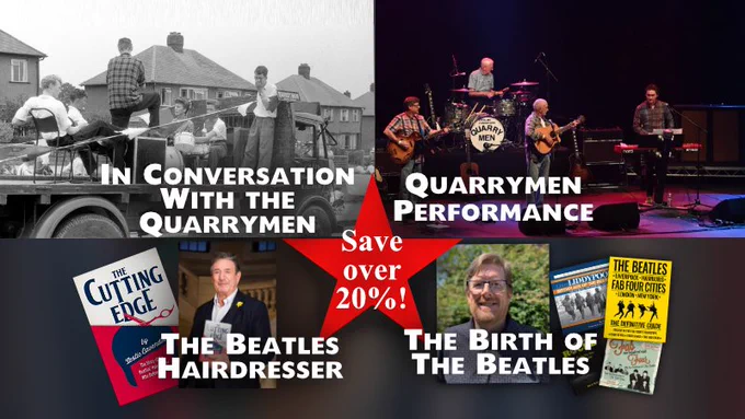 Four images showing an old picture of a band on a lorry with In Conversation WITH the Quarrymen written on it; the original quarrymen performing; the beatles hairdresser Leslie Cavendish; and Beatles author David Bedford. Plus save over 20% when you book all four together 