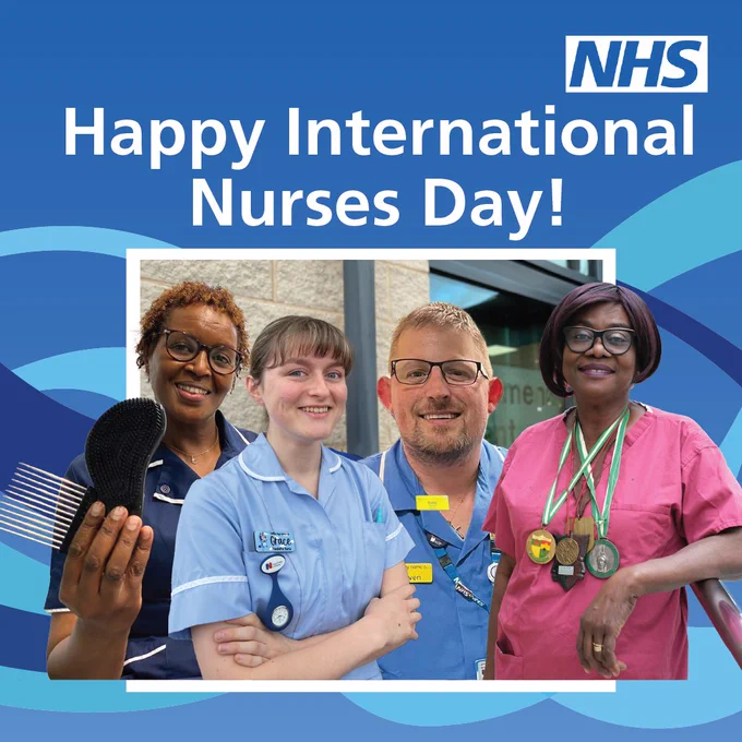 Text: Happy International Nurses Day! Image: Individual photographs of four nurses. They are representing a diverse range of nursing roles, all wearing different colour uniforms.