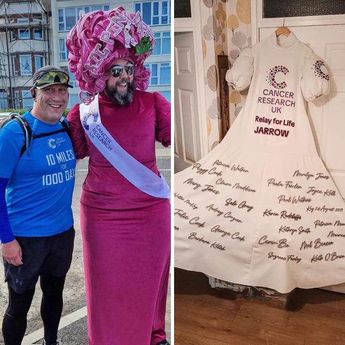 Two photos next to each other. The first is Colin wearing a pink dress and wig, smiling with a fellow fundraiser. The second is a photo of Colin's Relay for Life dress. It's a long white dress with names written across the train and the Cancer Research UK logo.