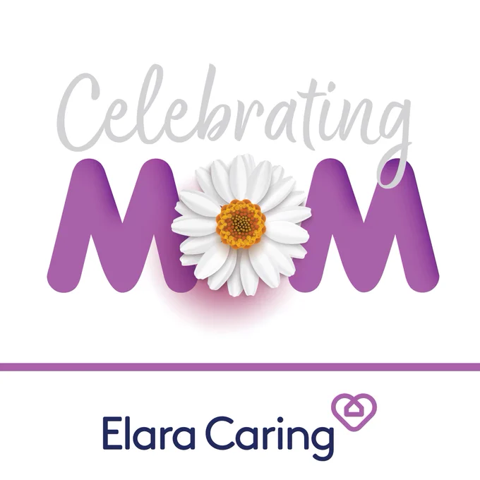 "Celebrating Mom" - the "o" in "Mom" is a white daisy