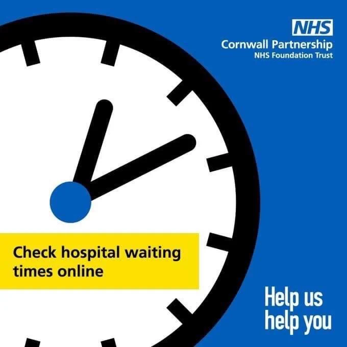 Graphic of a clock with a coloured text box. Text in box reads check hospital waiting times online. NHS logo appears in top right corner.