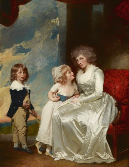 Painting of a woman in a bright red chair with two children by her side