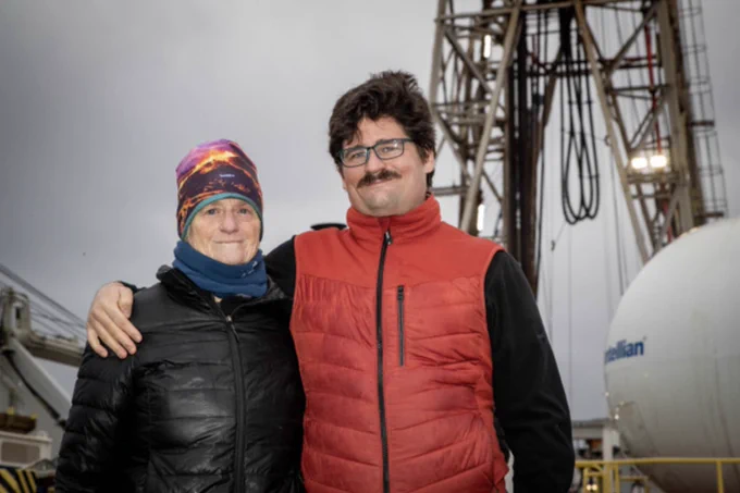 Dr. Lisa Tauxe poses with her son, Philip Staudigel, aboard the JOIDES Resolution.