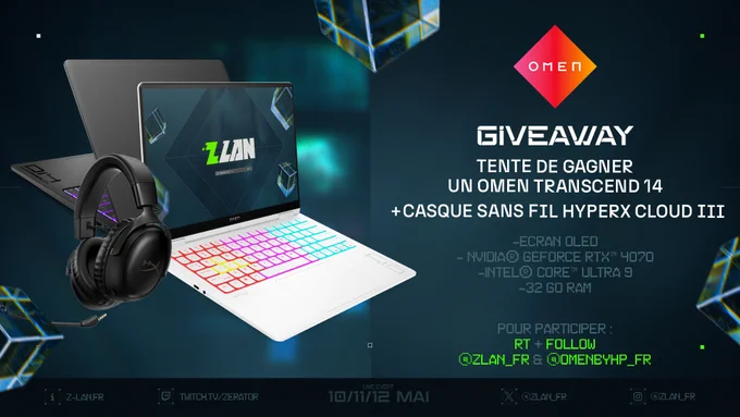 Giveaway tente de gagner un OMEN Transcend 14   casque sans fil HyperX Cloud III.

Conditions pour participer dans le corps du tweet
