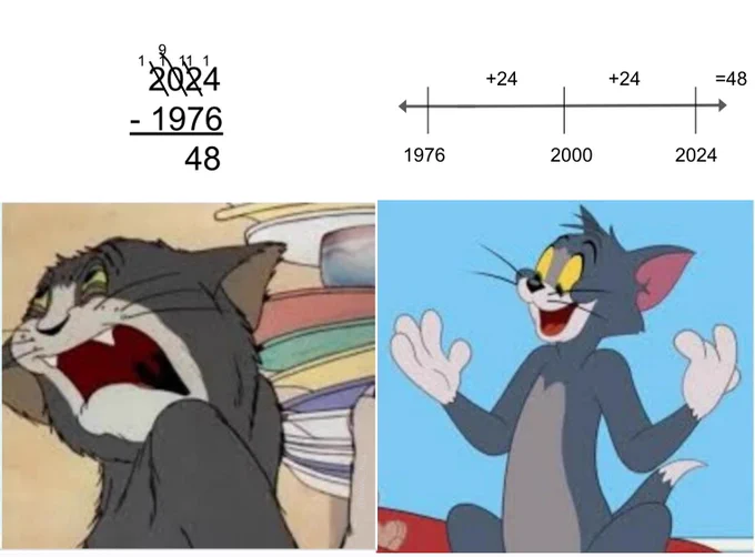 Left: Tom from Tom and Jerry looking distressed. Standard algorithm for 2024-1976.

Right: Tom looking happy. Counting up from 1976 to 2024 by using 2000 as a benchmark.