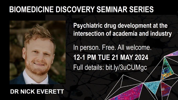 𝗦𝗽𝗲𝗮𝗸𝗲𝗿: Dr Nicholas Everett @Neuronick @sydney_uni
𝗧𝗼𝗽𝗶𝗰: Psychiatric drug development at the intersection of academia & industry
𝗪𝗵𝗲𝗻: Tue 21 May 2024 12-1pm. In person only.
See more: http://bit.ly/3uCUMgc