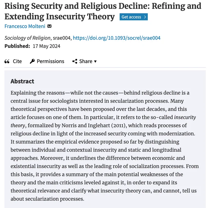 Rising Security and Religious Decline: Refining and Extending Insecurity Theory by Francesco Molteni