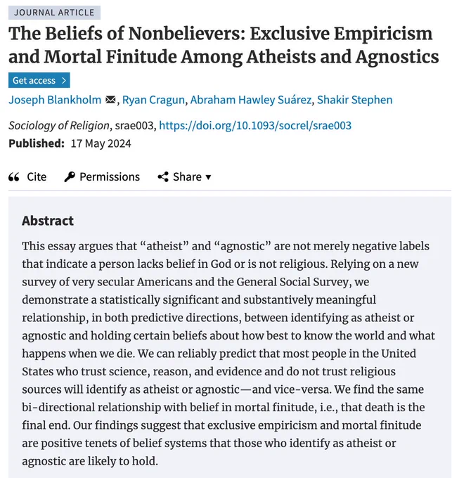 The Beliefs of Nonbelievers: Exclusive Empiricism and Mortal Finitude Among Atheists and Agnostics by 
Joseph Blankholm, Ryan Cragun, Abraham Hawley Suárez, Shakir Stephen
This essay argues that “atheist” and “agnostic” are not merely negative labels that indicate a person lacks belief in God or is not religious. Relying on a new survey of very secular Americans and the General Social Survey, we demonstrate a statistically significant and substantively meaningful relationship, in both predictive directions, between identifying as atheist or agnostic and holding certain beliefs about how best to know the world and what happens when we die. 