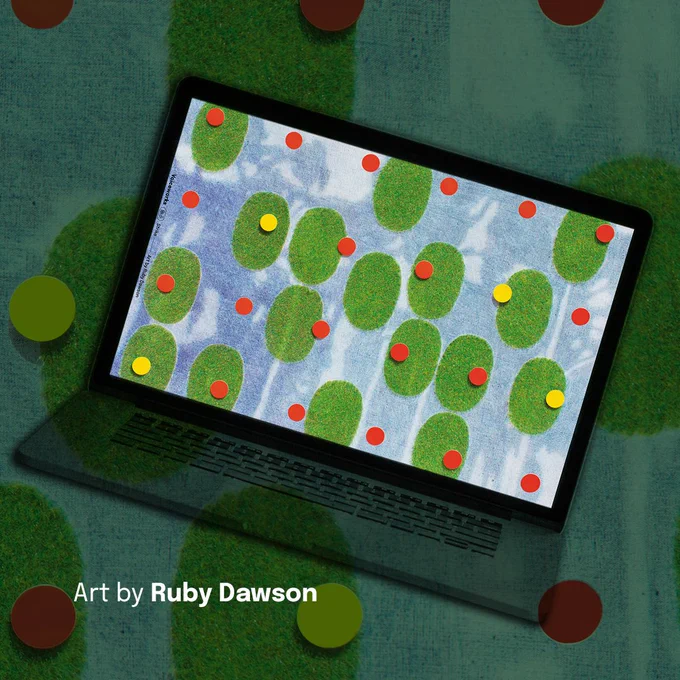 Image is of a laptop on an angle showing off the wallpaper for Voiceworks 'Strike'. The wallpaper is a piece of abstract art that has a light blue background in coloured pencil texture. Over it there are green fuzzy textured ovals placed randomly, and smaller bright red and yellow dots also placed randomly over the top. In the bottom left hand corner in small white text reads: Art by Ruby Dawson. 