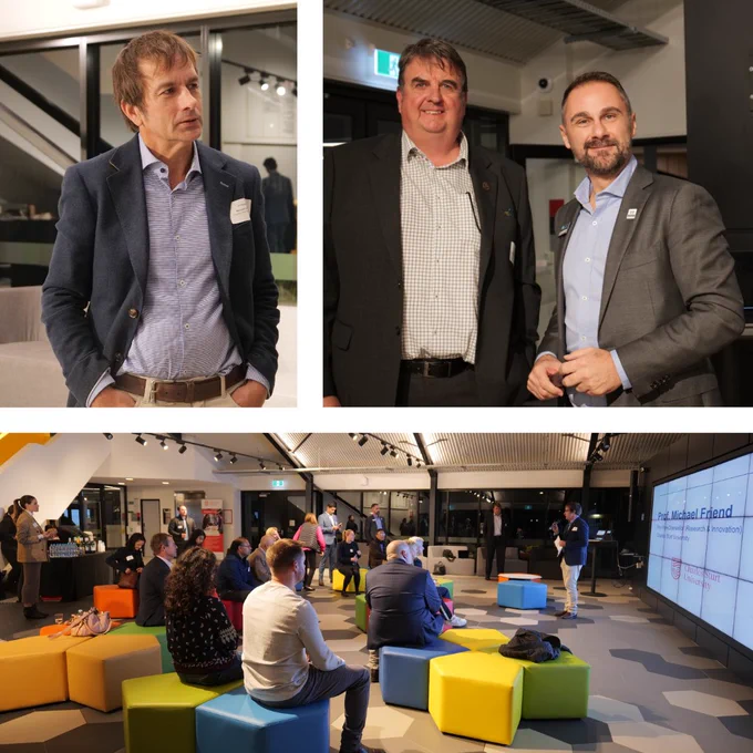 (Top left) Pro Vice-Chancellor (Research and Innovation) at Charles Sturt University, Professor Michael Friend; (top right L-R) Manager of Economic Development at Bathurst Regional Council, David Flude ACEcD, NSW Smart Sensing Network Chief Operating Officer Nicholas Haskins. (Bottom) Members of NSW’s Central West smart sensing community at the event.