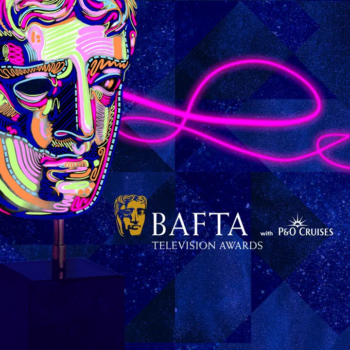 A blue graphic card with subdued pink neon accents. The iconic BAFTA mask sits to the left of the card and is stylised with neon doodles over it.