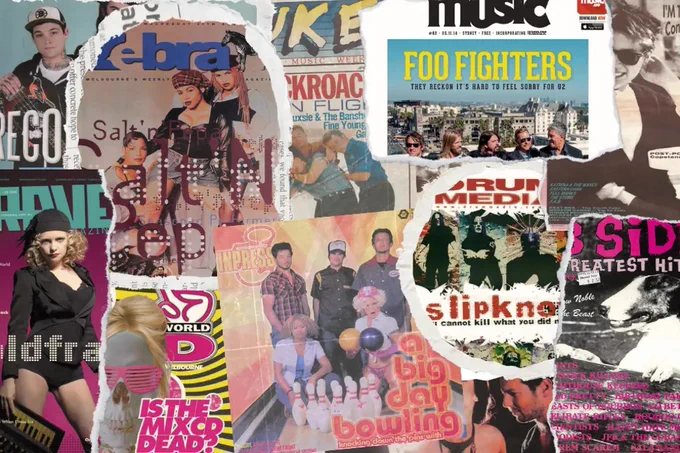 Collage of snippets from music articles all the way back to 1970s