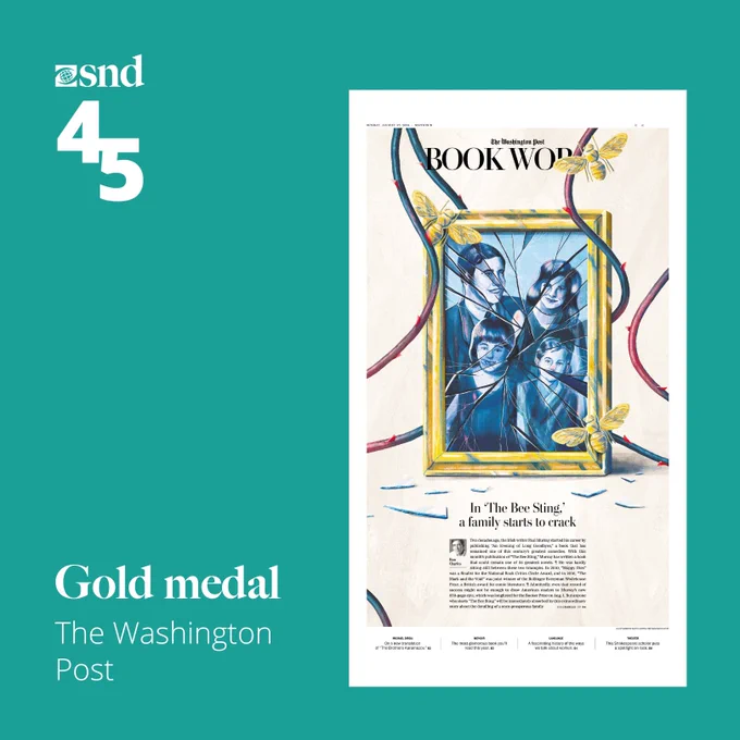 This image, bordered in turquoise, displays another gold medal-winning cover of The Washington Post's "Book World." The illustration depicts a vintage-style framed photo of a family breaking apart, with dragonfly-like creatures around it. The title references a book titled "In 'The Bee Sting,' a family starts to crack."