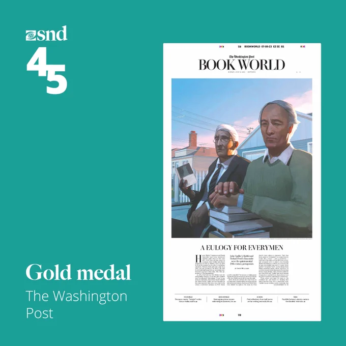 This image features a turquoise border with the logo of 'snd 45' at the top left. It showcases an award-winning "Book World" section cover by The Washington Post, with an illustration of two elderly men standing with books in front of suburban homes. The text includes a headline about eulogies and boasts a gold medal accolade from The Washington Post.