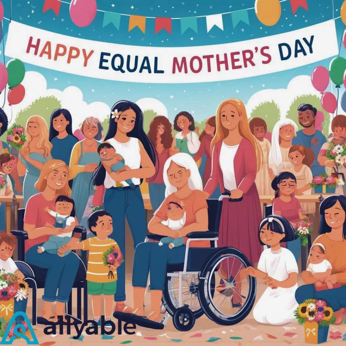 Disable mom surrounding with many other moms and families wishing happy equal mother day from allyable