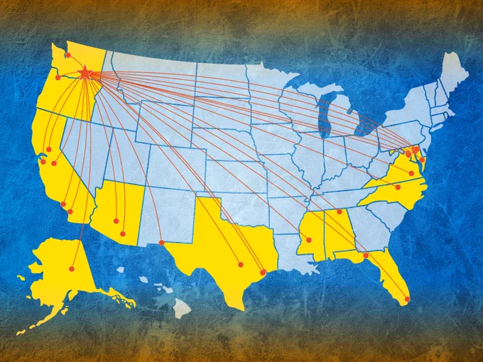 A map of the United States with red lines connecting the location of Pacific Northwest National Laboratory with dots representing HBCUs and MSIs all over the country