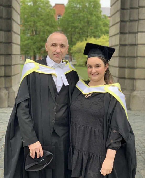 Criminologist & Lay Minister, John Deane-O'Keeffe, pictured with his eldest daughter, secondary school teacher Genevieve, who both recently received their MPhil degrees from the School of Religion, Theology & Peace Studies at Trinity College Dublin. John graduated with an MPhil in Christian Theology (with Distinction) and Genevieve in International Peace Studies.