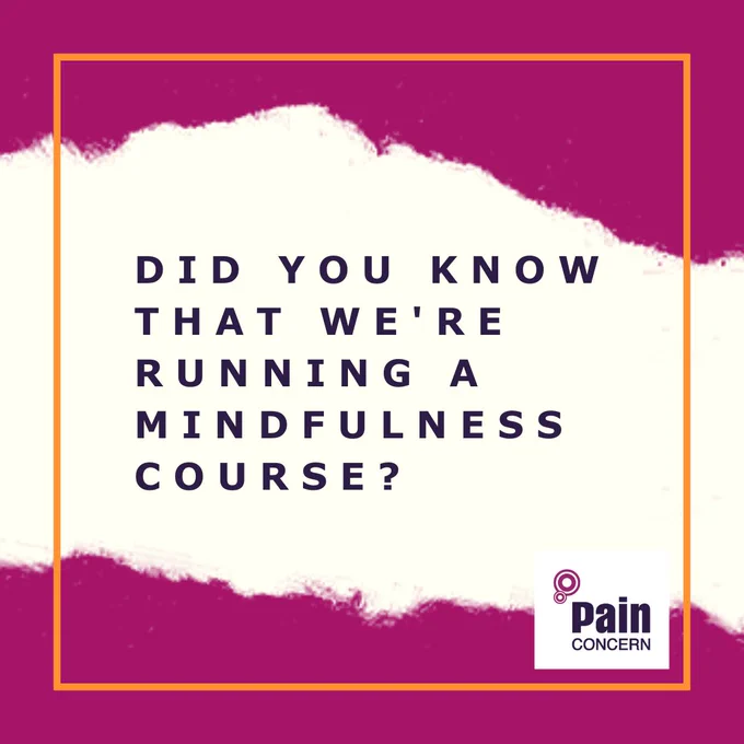 It's a purple and white background with the text 'Did you know that we're running a mindfulness course?'. On the right corner is the logo of Pain Concern.