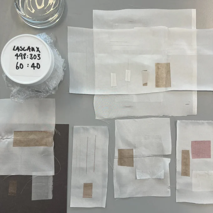 Samples showing what the Conservators have tested: a range of adhesives and techniques on different materials to determine their suitability in the treatment of the Rylands Megillah