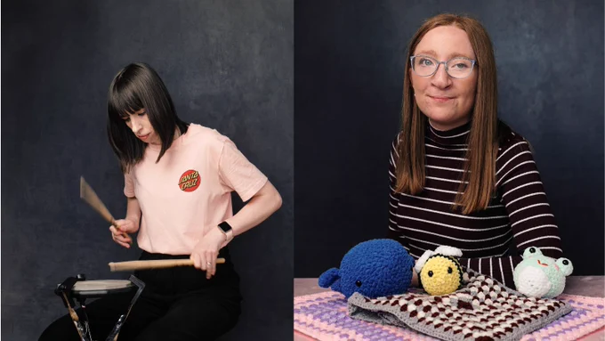 Campaigners Stacey and Bronwen. Stacey plays drums on a practice pad. Bronwen sits with her crochet creations in front of her, including a whale, bee and frog.