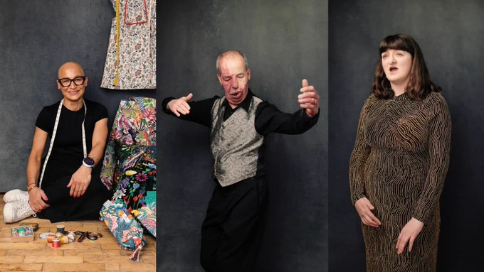 Campaigner Zelda and ambassadors Phil and Rhona. Zelda sits among items she's sewn. Phil dances the argentine tango in a silver waistcoat. Rhona sings in a sparkly black and gold dress.