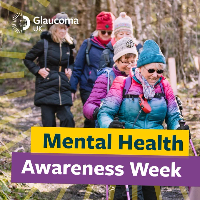 A group of people walking in woodlands. Text reads: Mental Health Awareness Week.